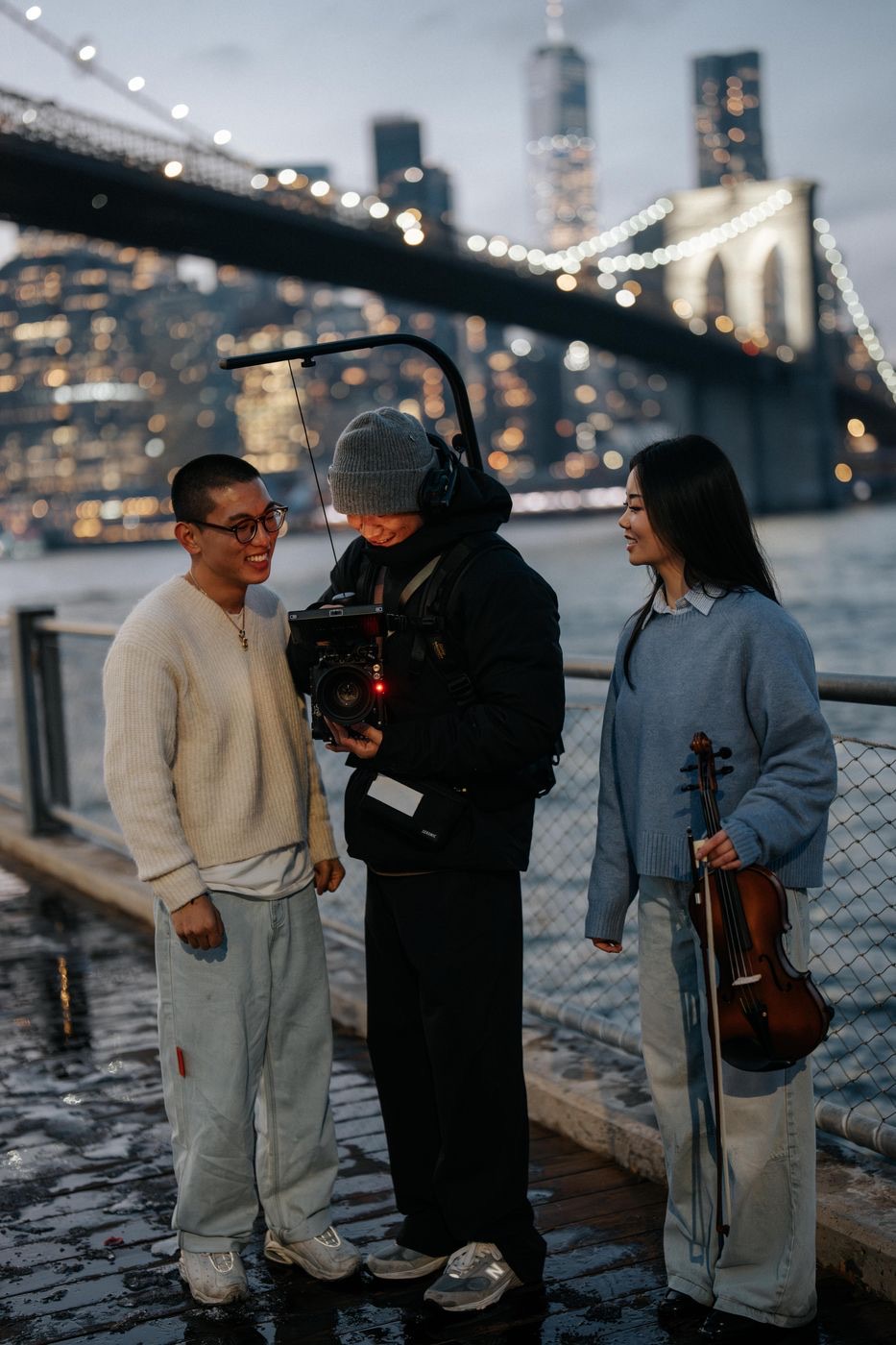 Crew on location by the Brooklyn Bridge waterfront