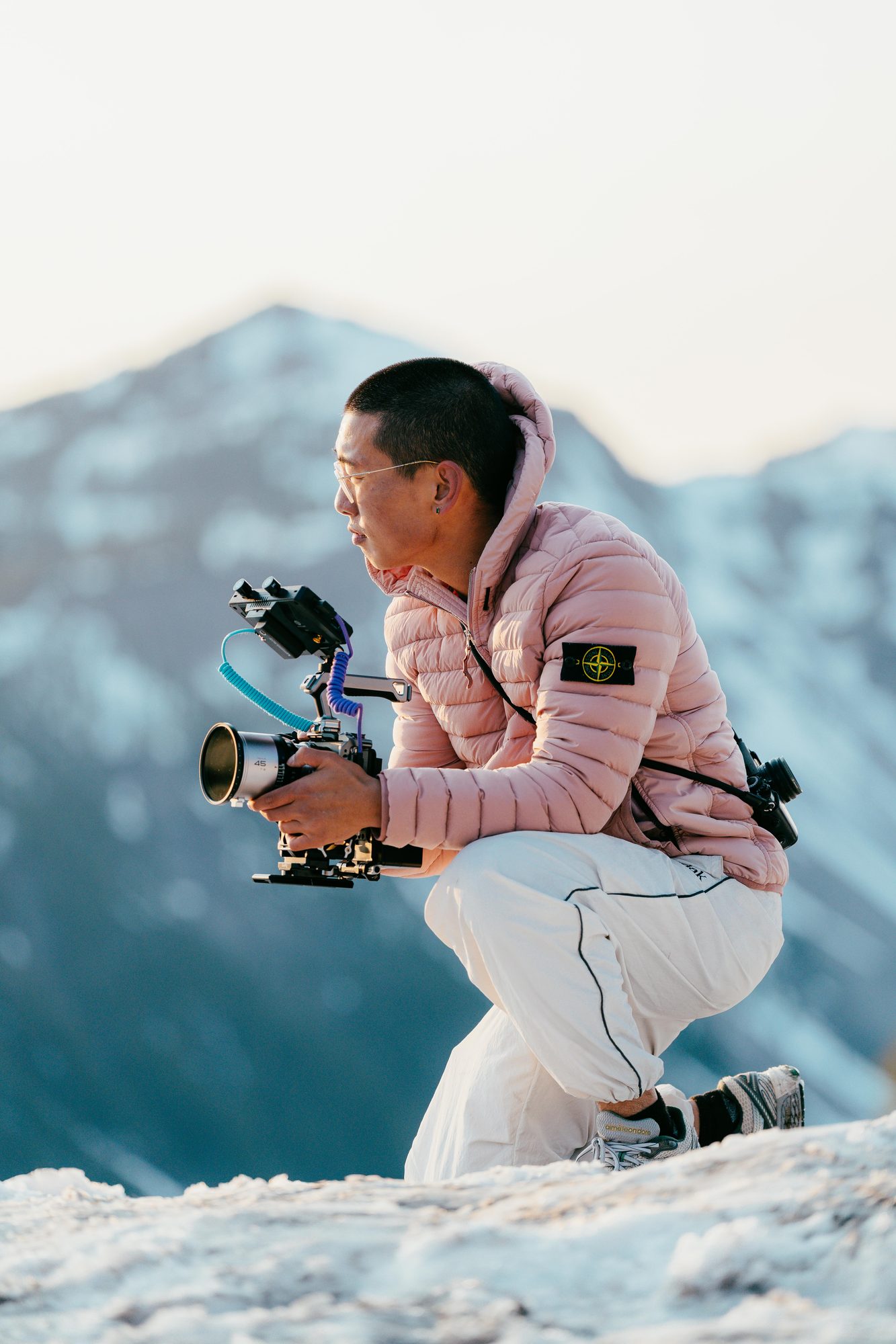 Nicolas Chae filming with a rigged camera at altitude