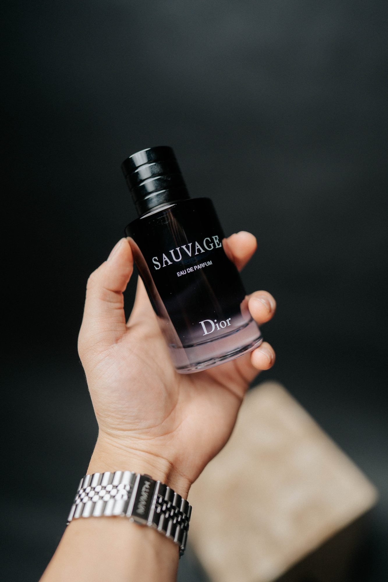 Detail of a Dior Sauvage fragrance bottle