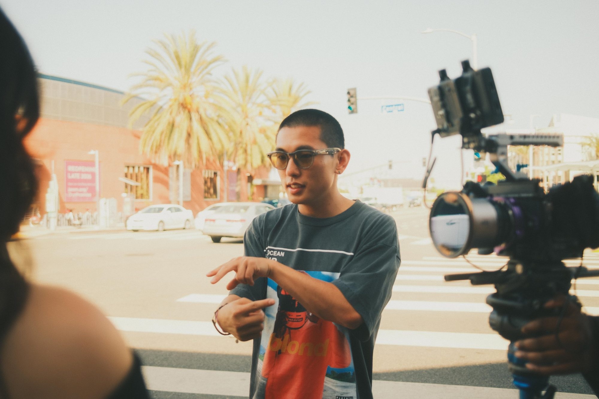 Directing talent on a city street shoot
