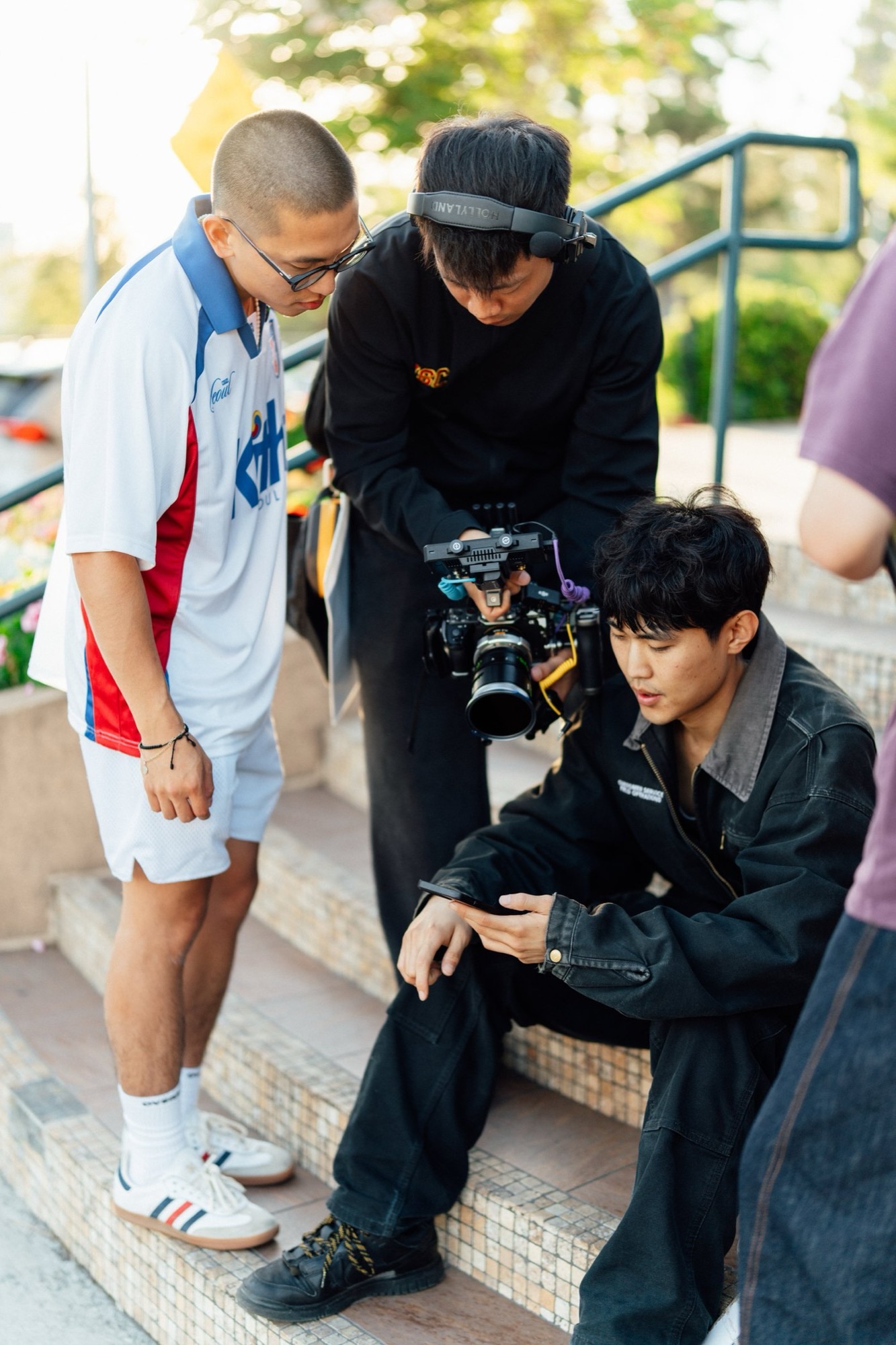 Reviewing footage on set