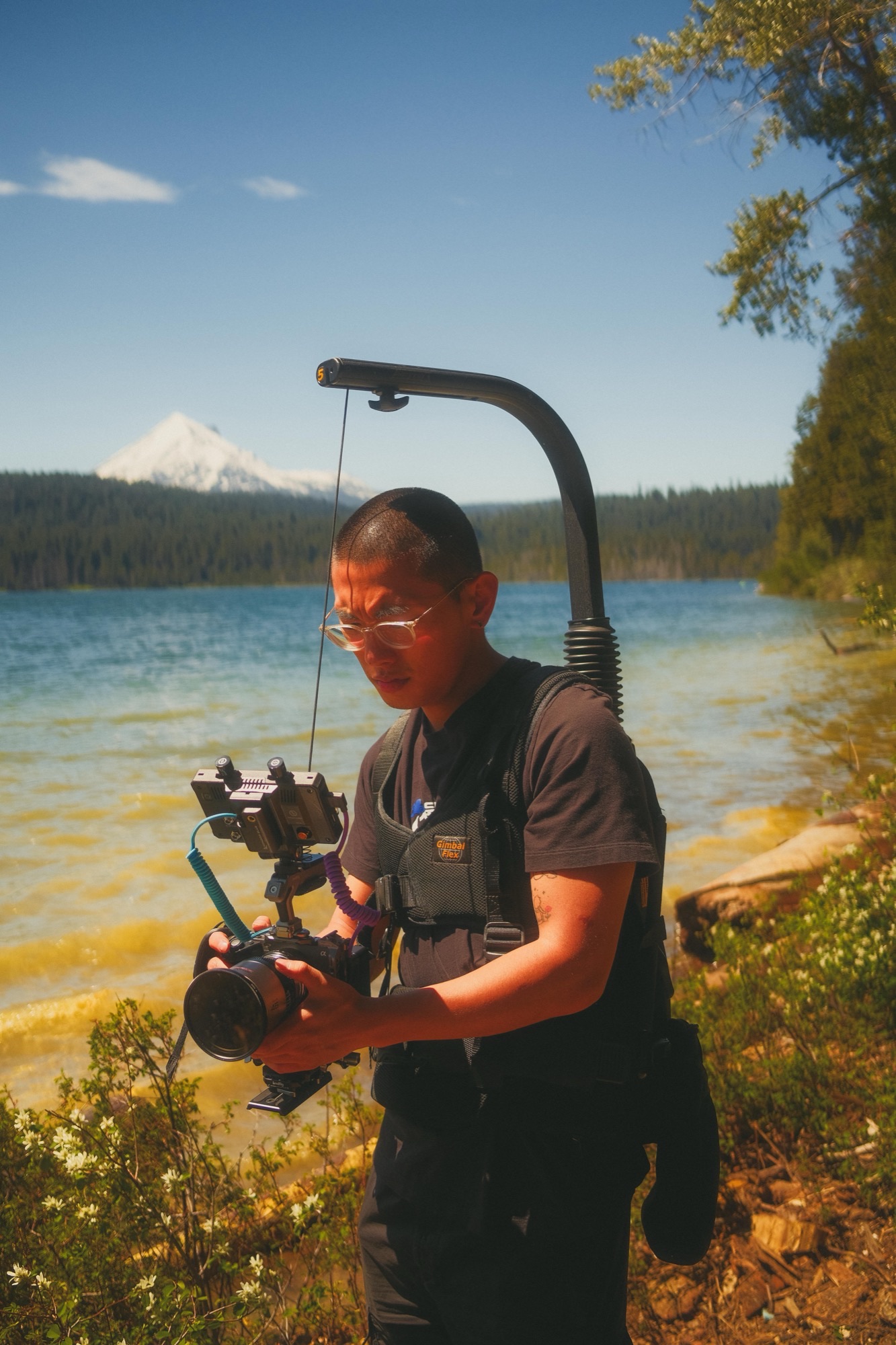 Nicolas Chae operating gimbal by the lake