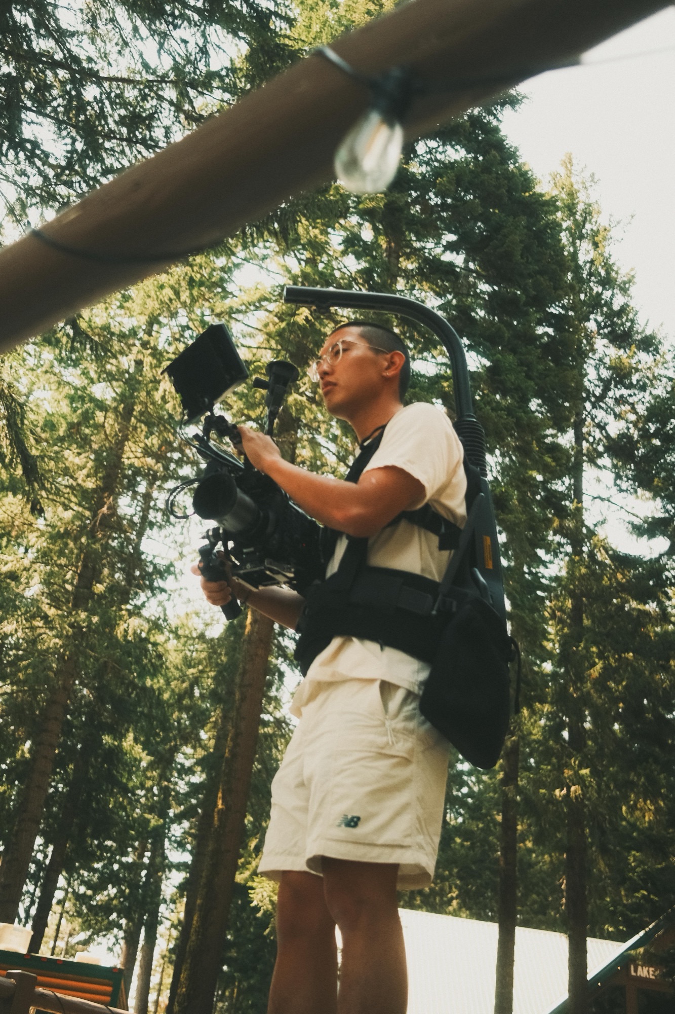 Nicolas Chae with gimbal rig in the forest